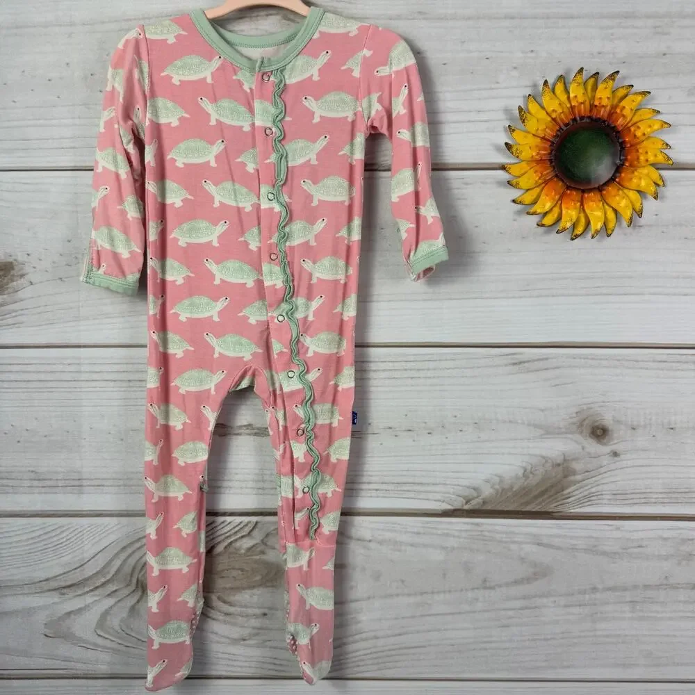 KicKee‎ Pants Baby Girls 6-9 Months Pink Turtle Footie Pajamas Bamboo Blend